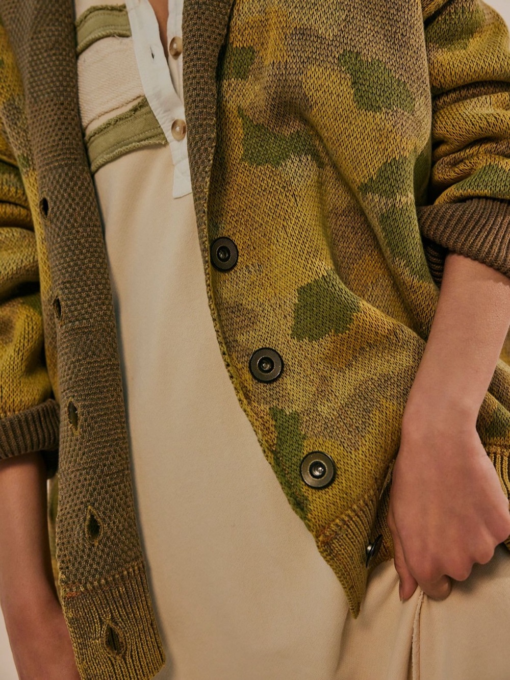 Olive Green Camouflage Knit Cardigan - Picture 4 of 13